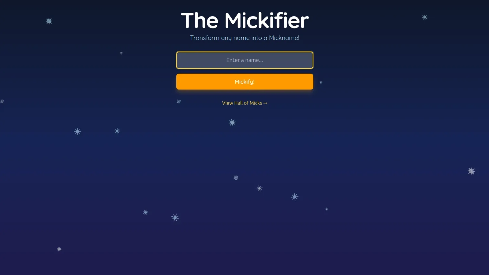 The Mickname Generator homepage