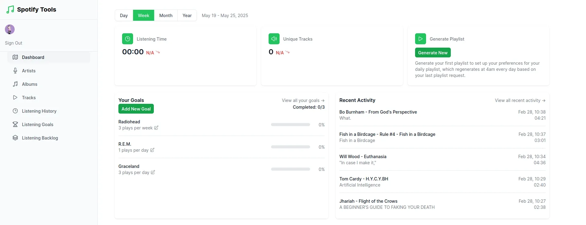 The Spotify Tools user dashboard